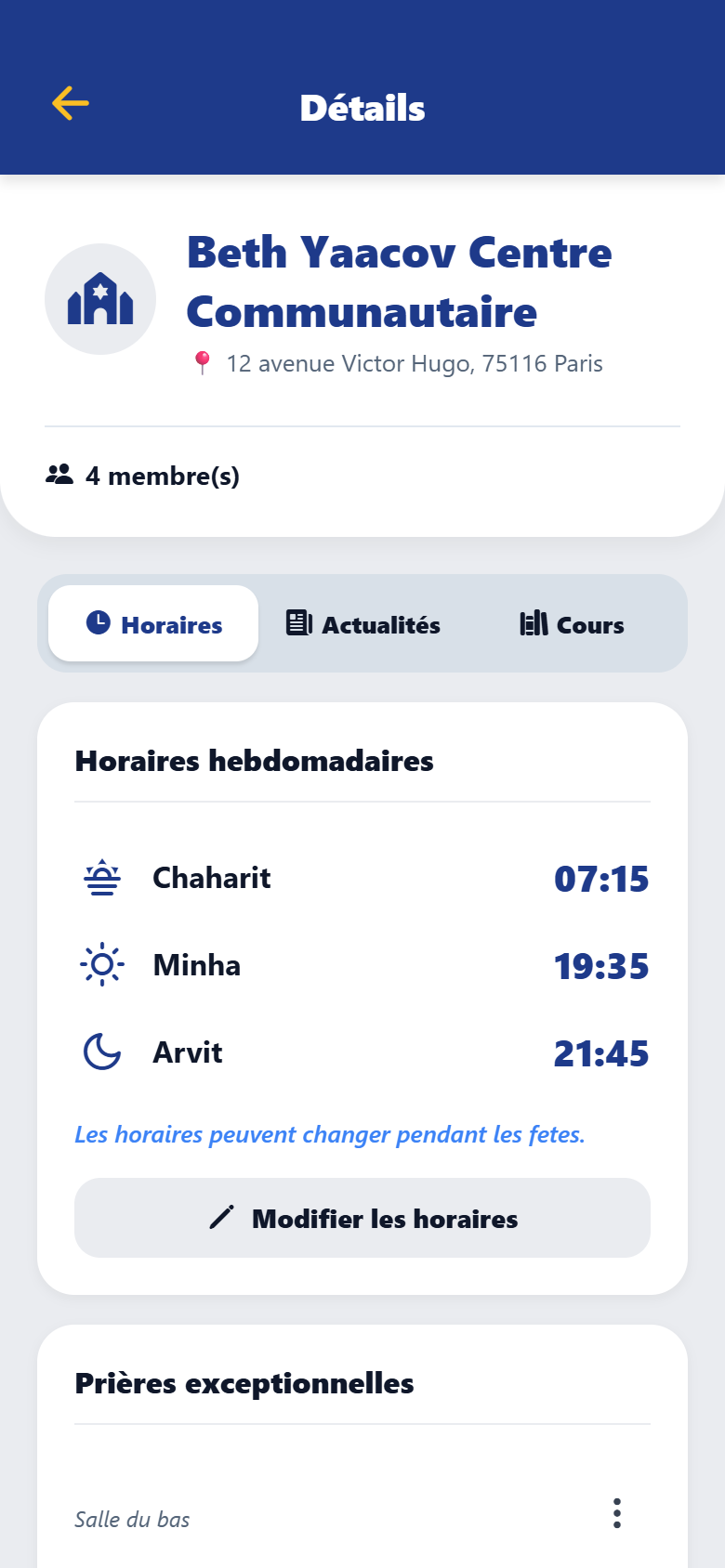 Fiche d’une synagogue avec ses horaires de prière
