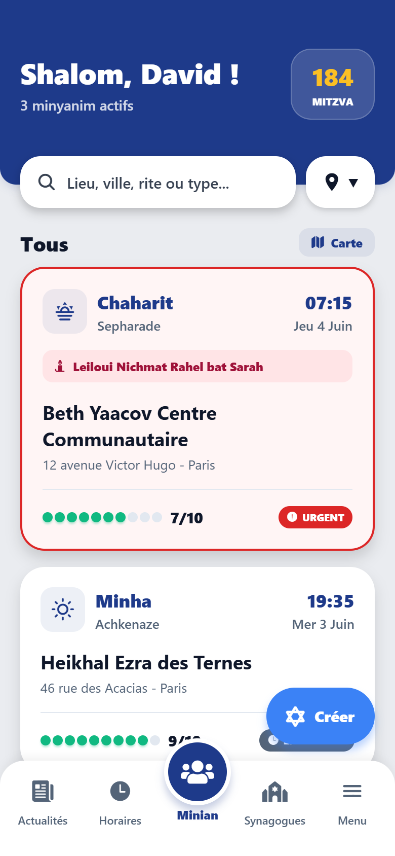 Écran d’accueil de Minyan Express avec les minyanim à proximité
